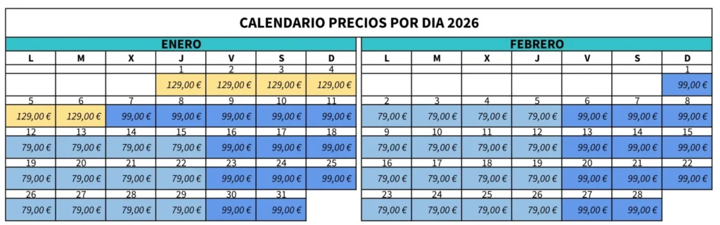 Calendario de precios por día para alquiler de autocaravana en enero y febrero