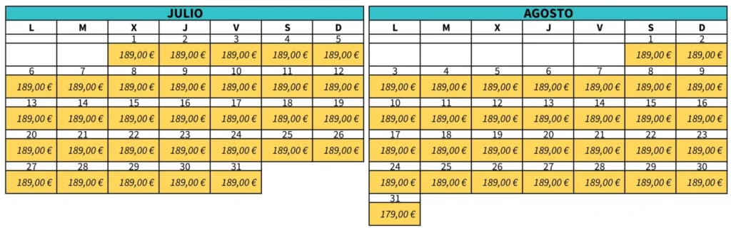 Calendario de precios de alquiler de autocaravana en temporada alta julio y agosto